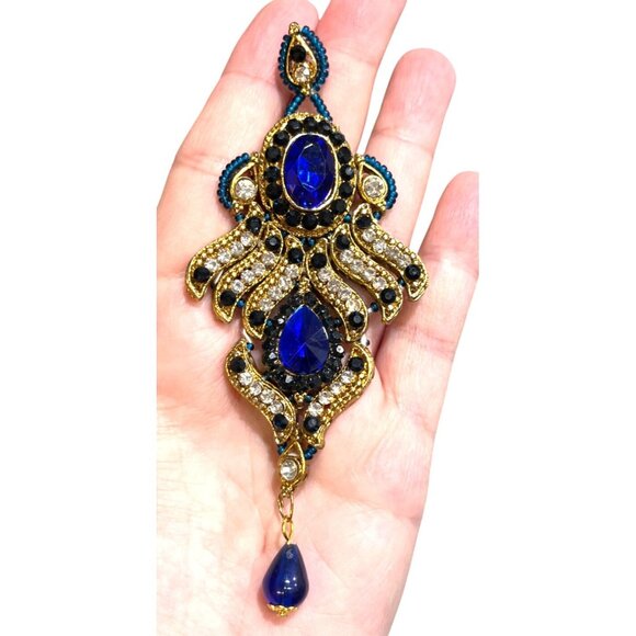 Gold & Blue Crystal Bib Necklace With Matching Chandelier Earrings Bridal - Picture 9 of 16